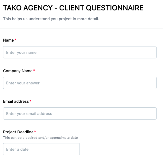 Un exemple de proposition d'agence marketing Questionnaire client de l'agence Tako