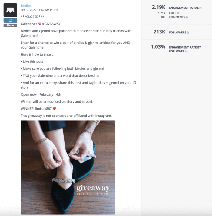 Uma análise de um sorteio no Instagram da marca de calçados DTC Birdies.