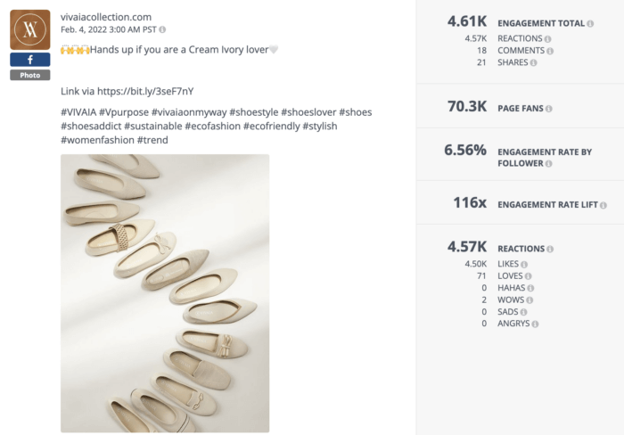 Un esempio di un post Facebook con le migliori prestazioni del marchio di scarpe DTC Vivaia.