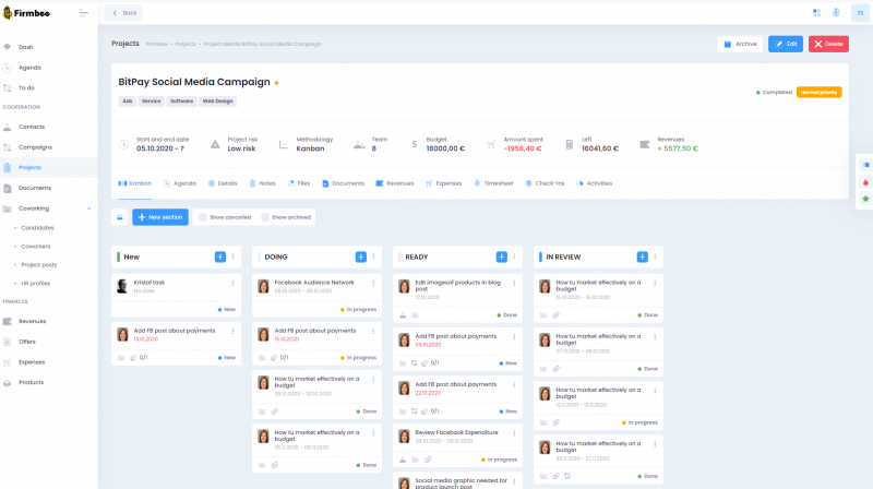 firmbee marketing tool projects screenshot