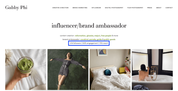 A página de influência da microinfluenciadora Gabby Phi em seu site exibe suas taxas de engajamento de mídia social.