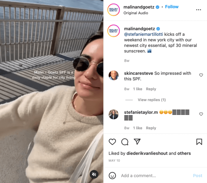 Un exemplu de strategie de marketing pentru micro-influencer a lui Malin și Goetz, care prezintă un influencer care a creat un videoclip de o zi în viață în parteneriat cu brandul.