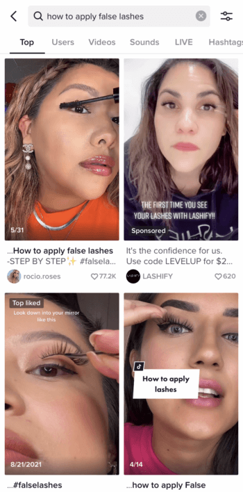 Rezultatele căutării TikTok pentru „cum să aplicați genele false” arată că videoclipurile educaționale și instructive sunt o tendință de top de marketing TikTok.