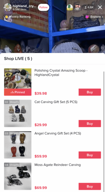 TikTok ユーザー Highland Crystals のライブ ショッピング タブを使用すると、ライブ視聴者はすぐに買い物をすることができます。