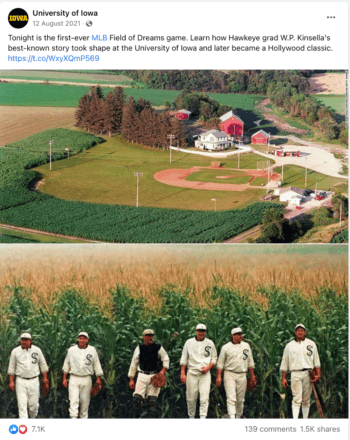 Toma aérea del campus de la Universidad de Iowa desde los años ochenta mientras los miembros del equipo de la MLB se preparan para salir al campo con sus uniformes