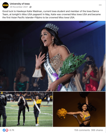 Miss IOWA USA Katie está más que emocionada al ganar la corona. El equipo de fútbol y las porristas celebran sus logros en el campo frente a todos los Hawkeyes.