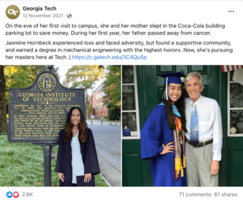 Un post Facebook fianco a fianco di Jasmine con suo padre prima della sua morte e una delle foto della sua laurea raccontano una storia molto emozionante