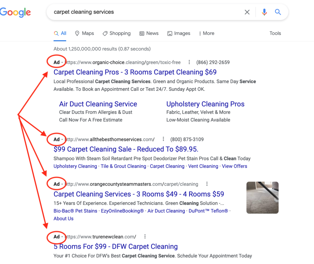 Example of Google Ads at the top of the SERPs