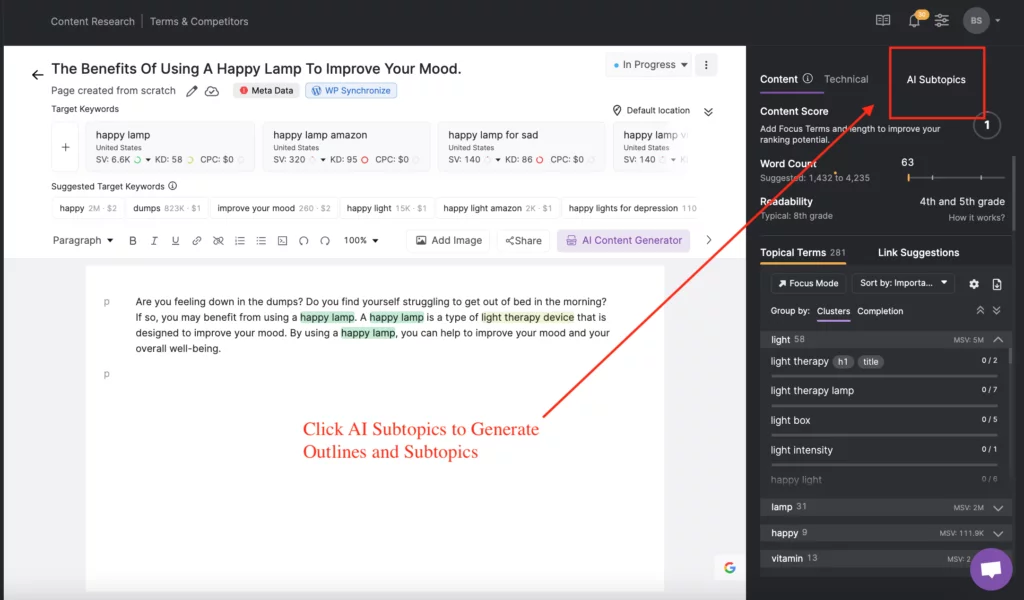 ภาพหน้าจอของ SEO Content Assistant ที่มีลูกศรสีแดงชี้ไปที่ปุ่ม AI Subtopics