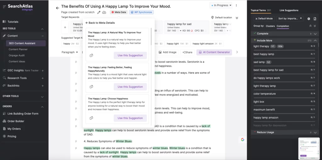 Elenco di tag title e meta descrizioni generati dall'intelligenza artificiale in SearchAtlas