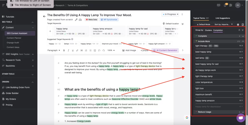 لقطة شاشة لـ SEO Content Assistant مع أسهم حمراء تشير إلى اقتراحات مصطلح التركيز