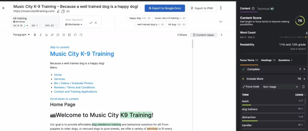 Captura de pantalla de Music City K9 Training en SEO Content Asst Tool