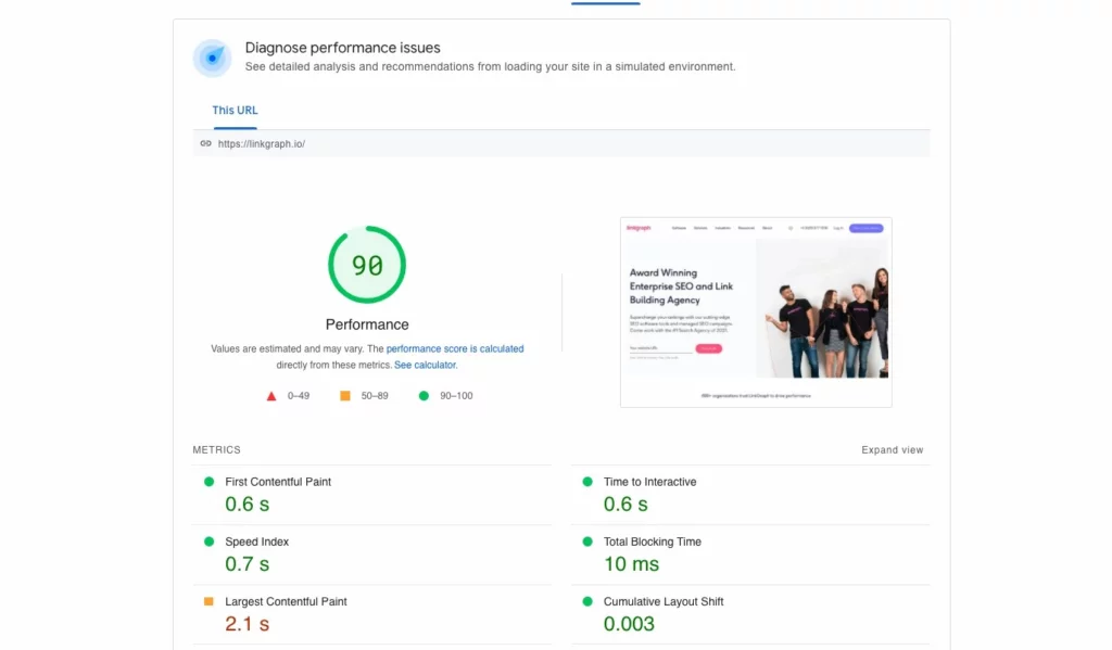 Captură de ecran a raportului PageSpeed ​​Insights pe linkgraph