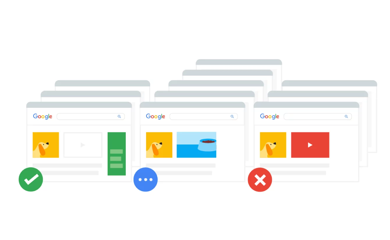 Tre varianti dei layout dei risultati di ricerca di Google in fase di test con gli utenti.