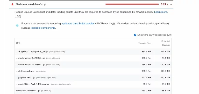 Przykład raportu pagespeed sugerującego ograniczenie javascript