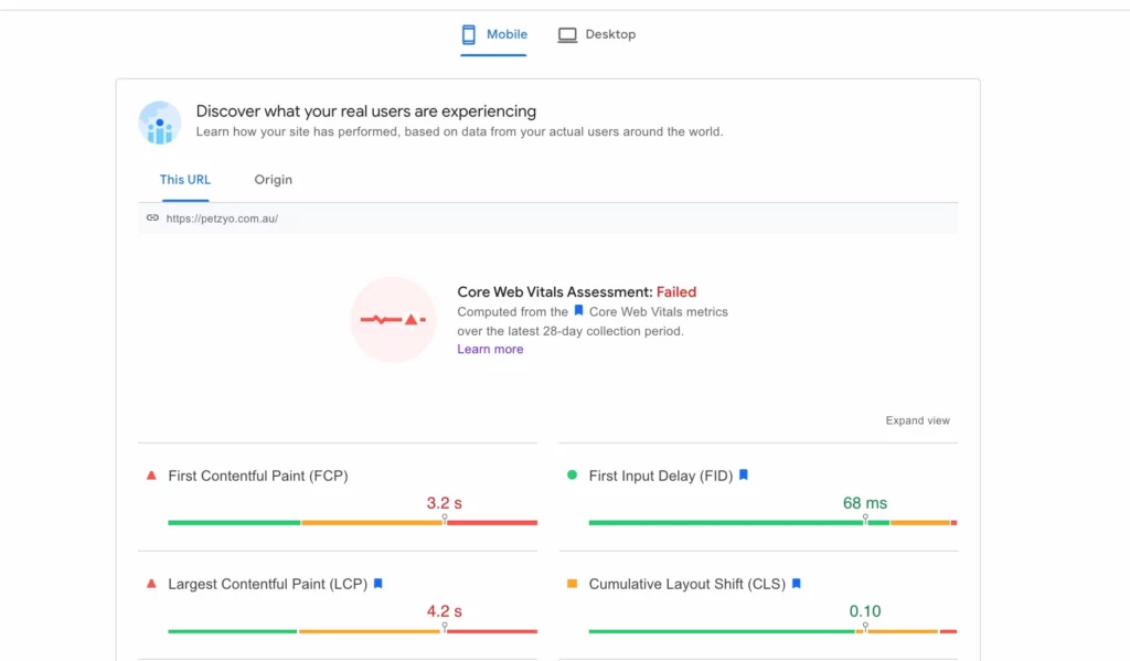 核心 Web Vitals 報告示例