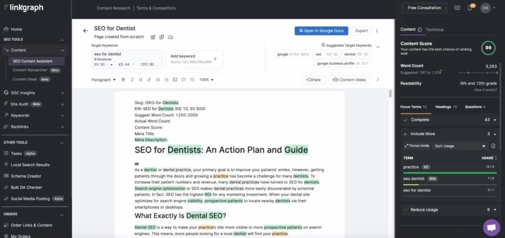 SEO Content Assistant を介して注釈テキストのフォーカス タームを見つける方法