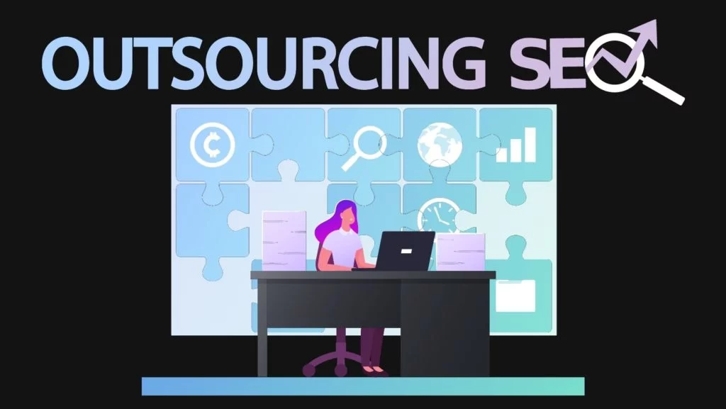 outsourcing seo con una grafica di una donna seduta a una scrivania