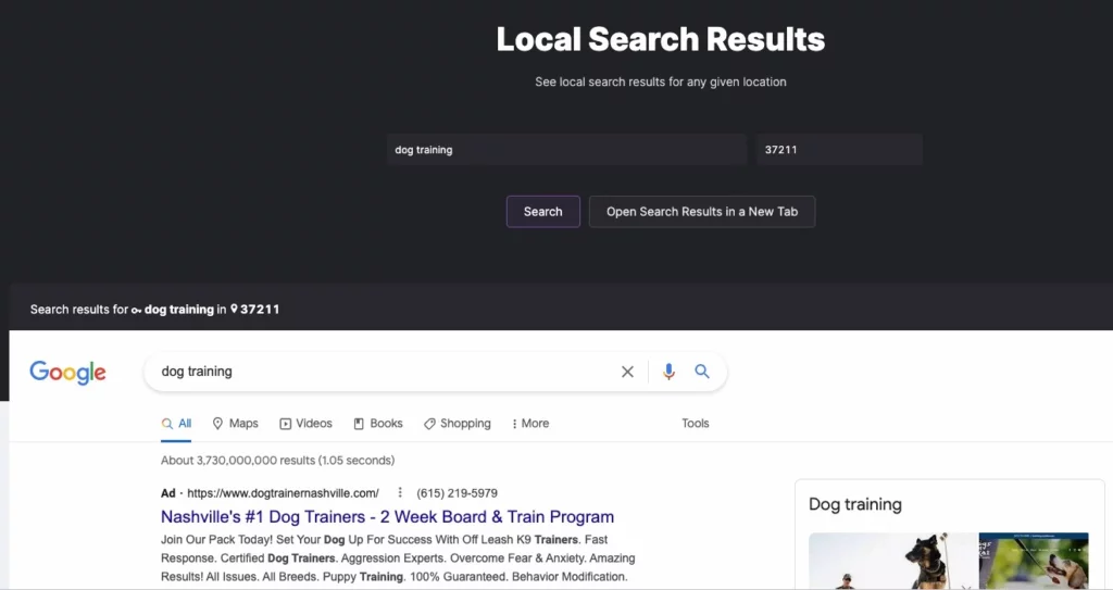 ตัวอย่างเครื่องมือ seo ท้องถิ่นในแผนที่การค้นหาพร้อมการฝึกสุนัขที่ค้นหาในรหัสไปรษณีย์