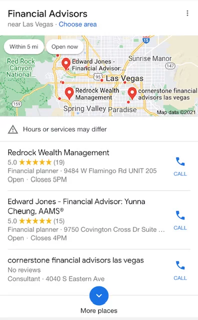 Google map pack per la ricerca di consulenti finanziari locali