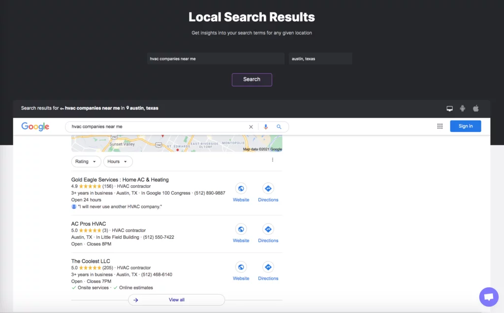 Strumento per i risultati della ricerca locale di LinkGraph