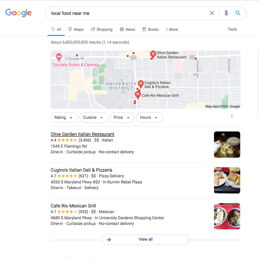 顯示 Google 地圖包的本地 SEO 搜索的 SERP 圖片