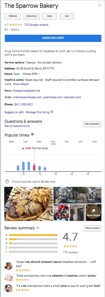 รูปภาพที่แสดงรายชื่อ Google My Business อย่างเป็นทางการสำหรับร้านเบเกอรี่ในท้องถิ่น