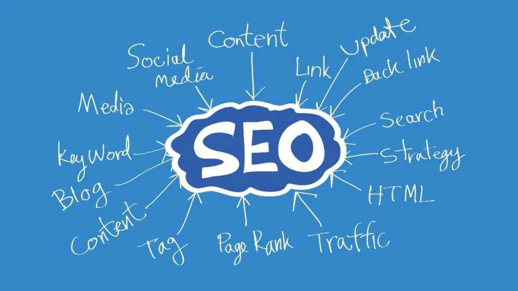 Grafica SEO con diverse parole chiave rivolte verso il centro dell'immagine