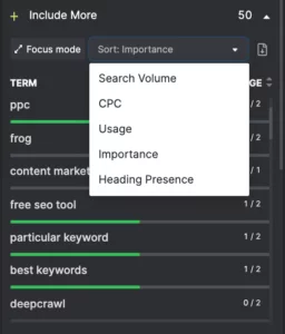 Fitur Sorting Focus Terms di SEO Content Assistant