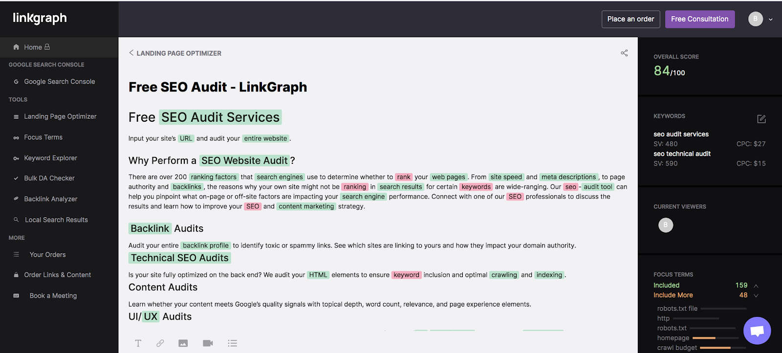 Asistente de contenido SEO LinkGraph