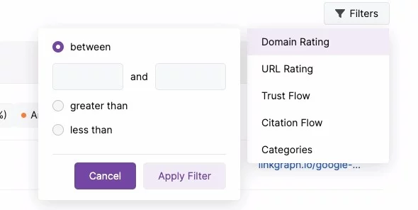 Captură de ecran pentru filtrul listei de backlink