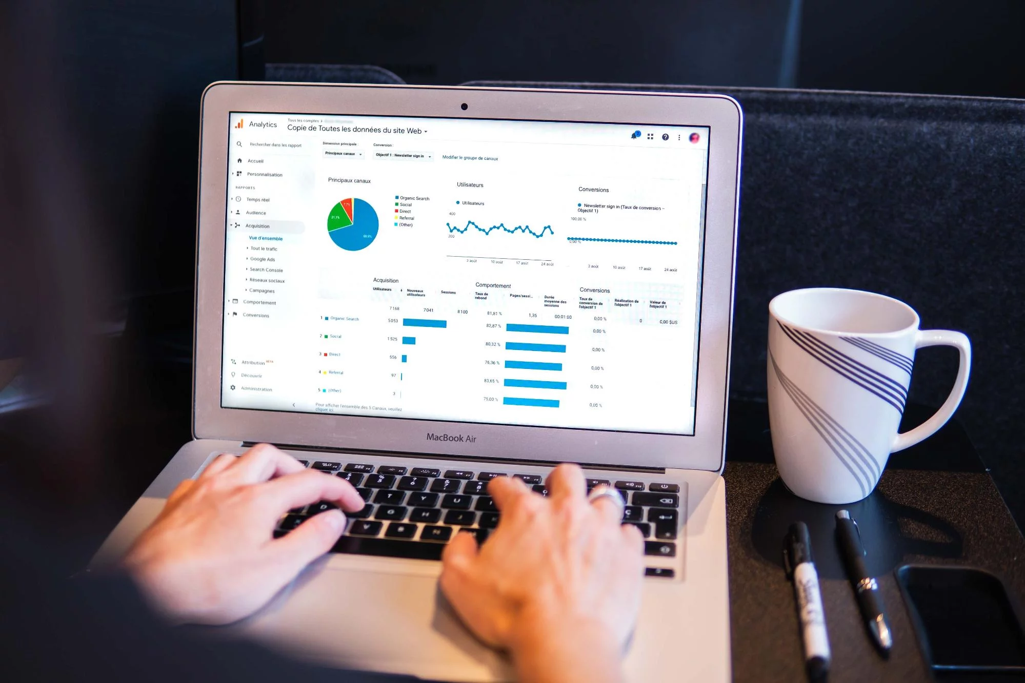 Laptop mit Händen und es gibt Balkendiagramme und ein Tortendiagramm auf dem Bildschirm