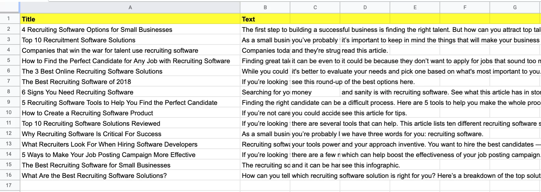 Excel-Tabelle mit Blog-Themenideen, die aus dem Blog-Ideen-Tool in SearchAtlas exportiert wurden