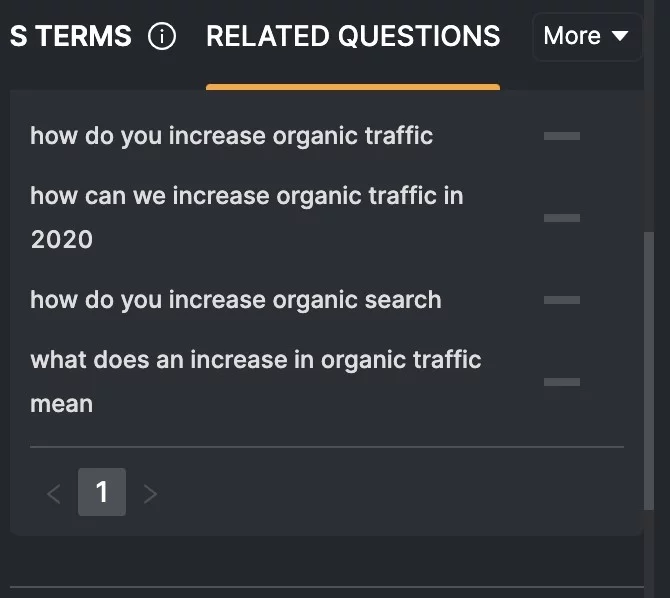 ภาพหน้าจอของคำถามที่เกี่ยวข้องจาก SEO Content Assistant