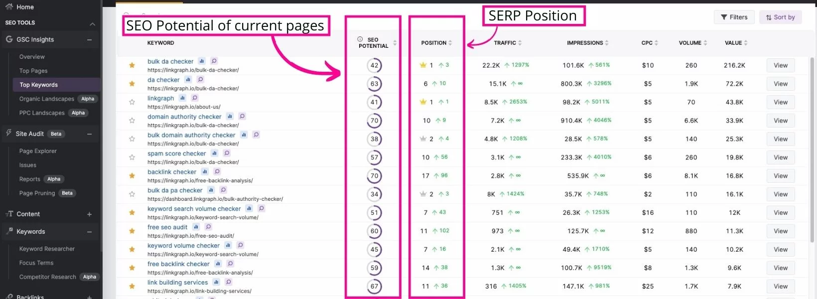 Capture d'écran du meilleur outil de mots clés dans GSC Insight avec la position SERP et le potentiel de référencement mis en évidence