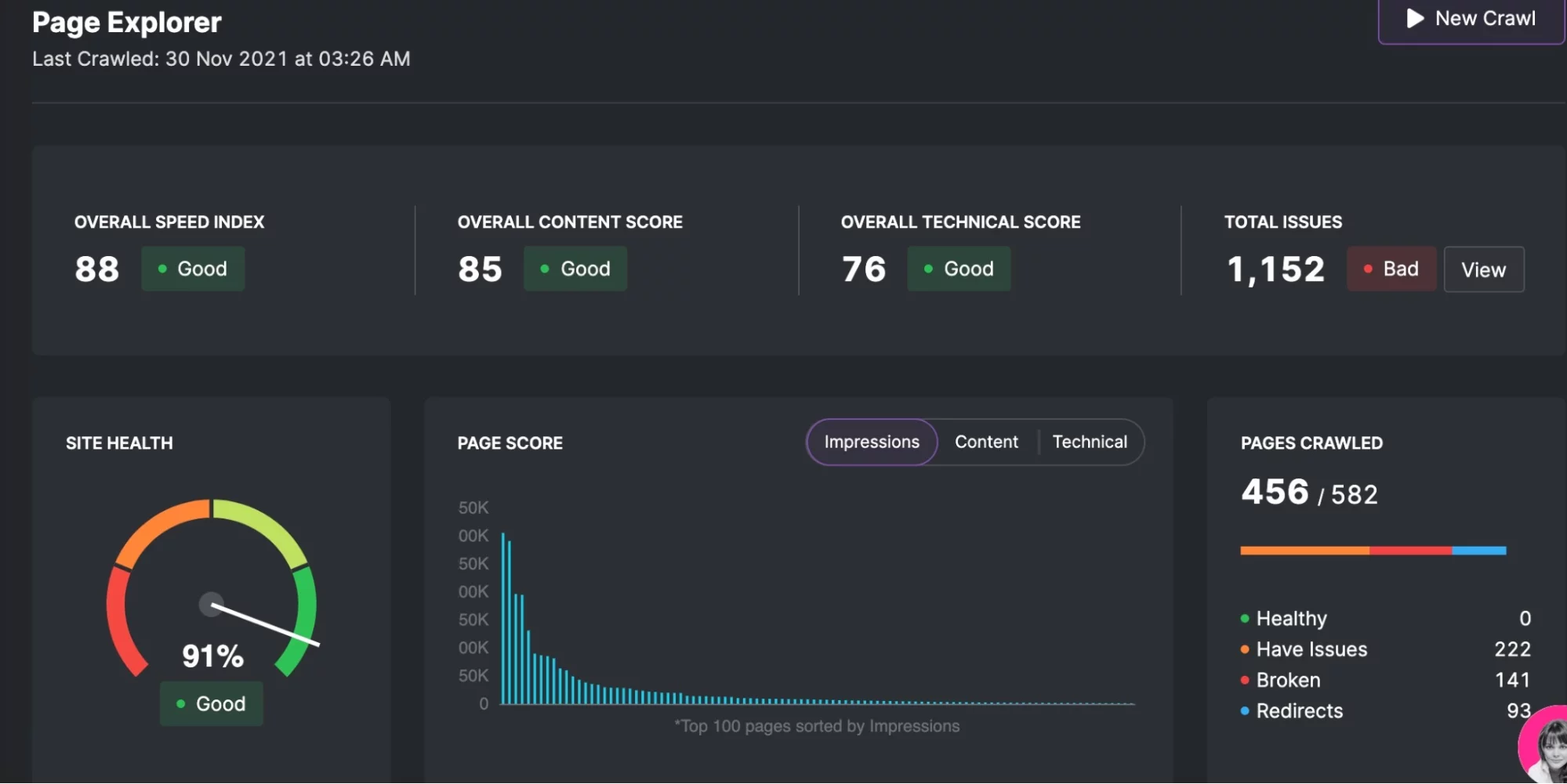 ภาพหน้าจอแดชบอร์ดของเครื่องมือ Page Explorer พร้อมมาตรวัดความสมบูรณ์ของไซต์