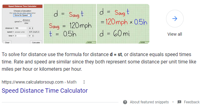 snippet em destaque da calculadora de velocidade, distância e tempo