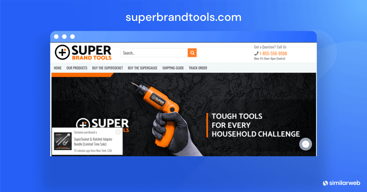 Munculan di superbrandtools.com tentang pembelian dalam waktu nyata.