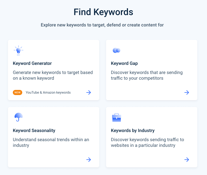 Similarweb Keywrod 연구 도구 옵션.