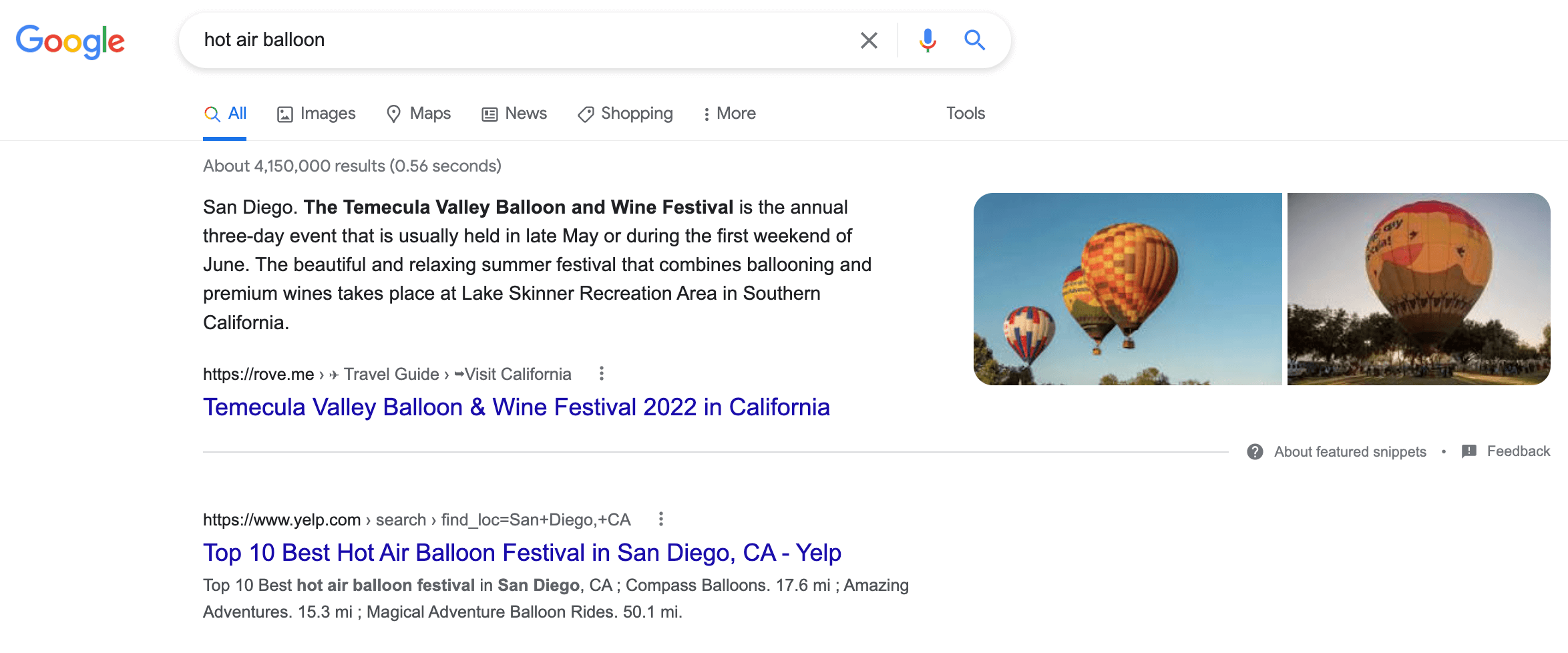 Snippet ile "sıcak hava balonu" için Google arama sonuçları sayfası.