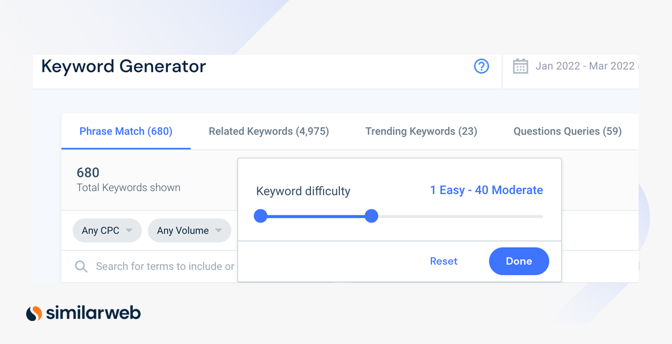 Screenshot zur Auswahl des Keyword-Schwierigkeitsbereichs.