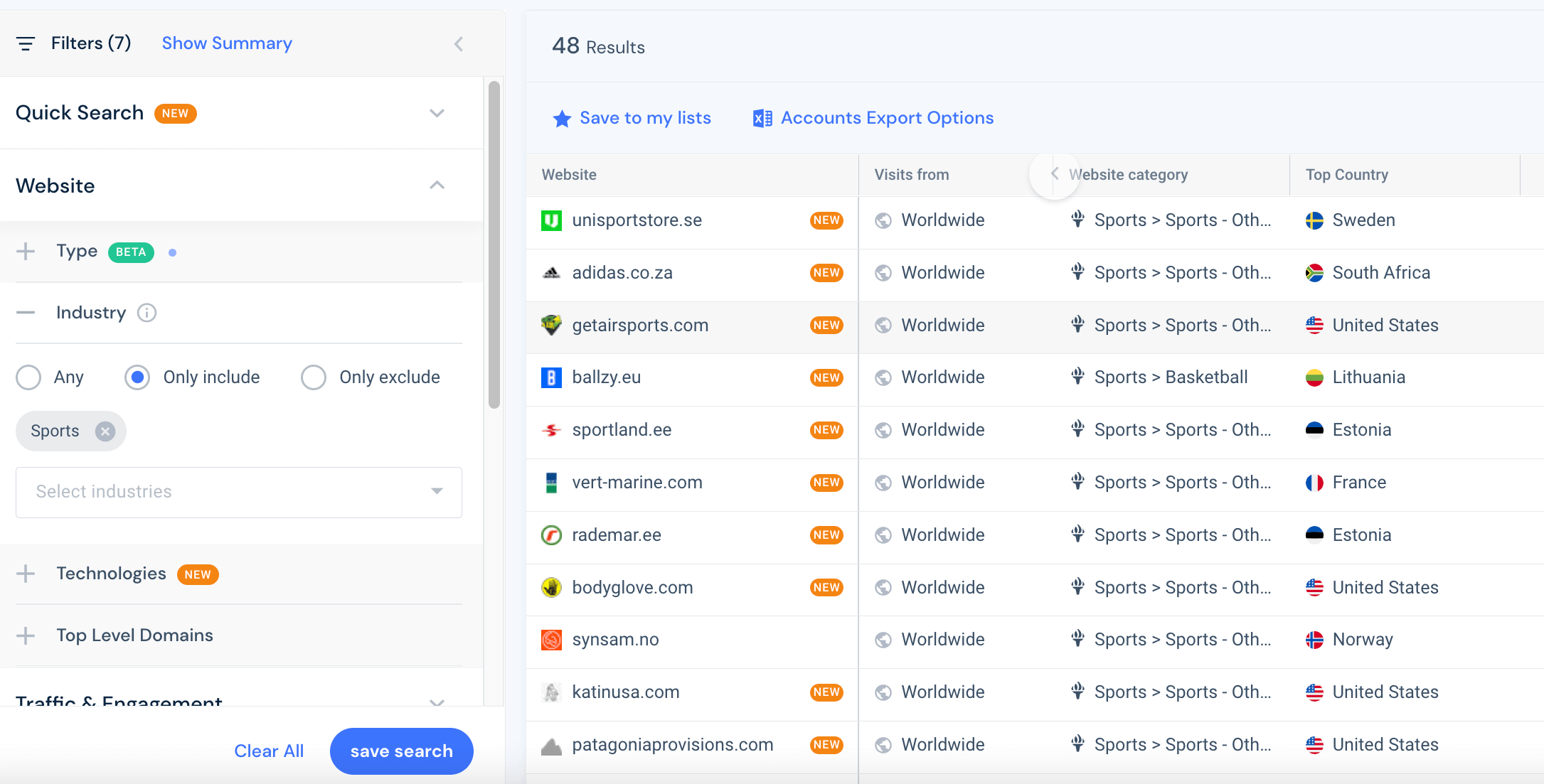 Captura de tela das opções de filtragem para encontrar leads de clientes concorrentes.