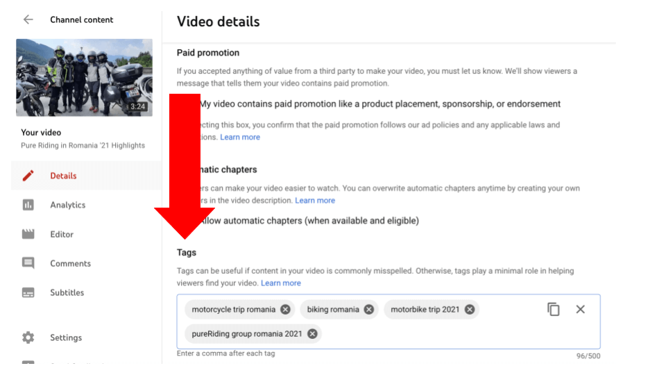 Capture d'écran de l'option de marquage dans le studio YouTube.