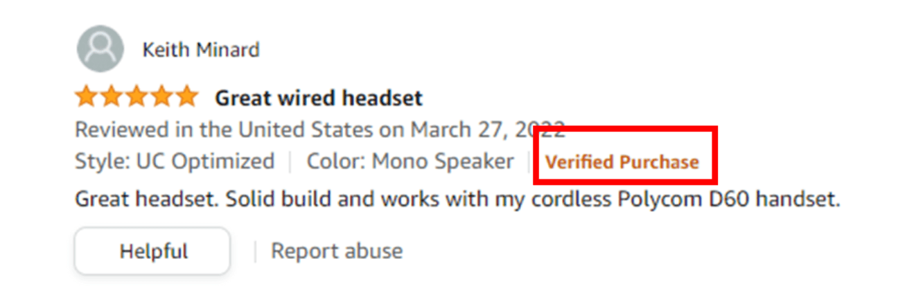 ตัวอย่างของ “Verified Purchase” บน Amazon พร้อมรีวิวจากลูกค้า