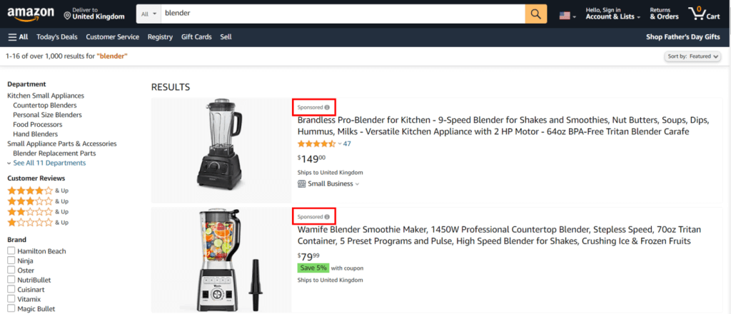 Un exemplu de conținut sponsorizat pe Amazon care face parte dintr-o campanie plătită.