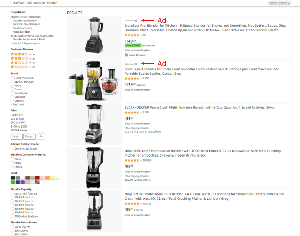 Un exemplu de unde sunt afișate anunțuri sponsorizate pe Amazon.