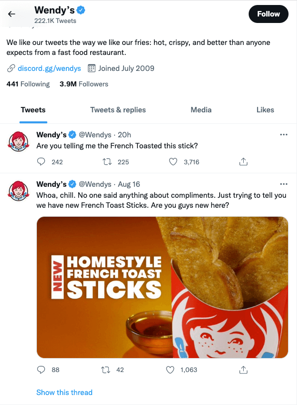 Wendys Twitter-Seite als Beispiel für eine starke Social-Media-Marketingstrategie.