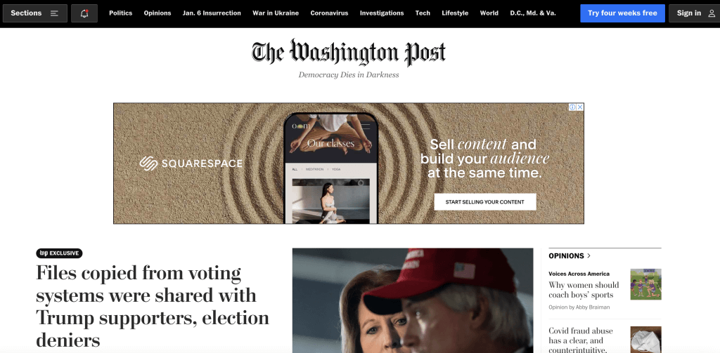 Capture d'écran de la page d'accueil du Washington Post avec une annonce programmatique.