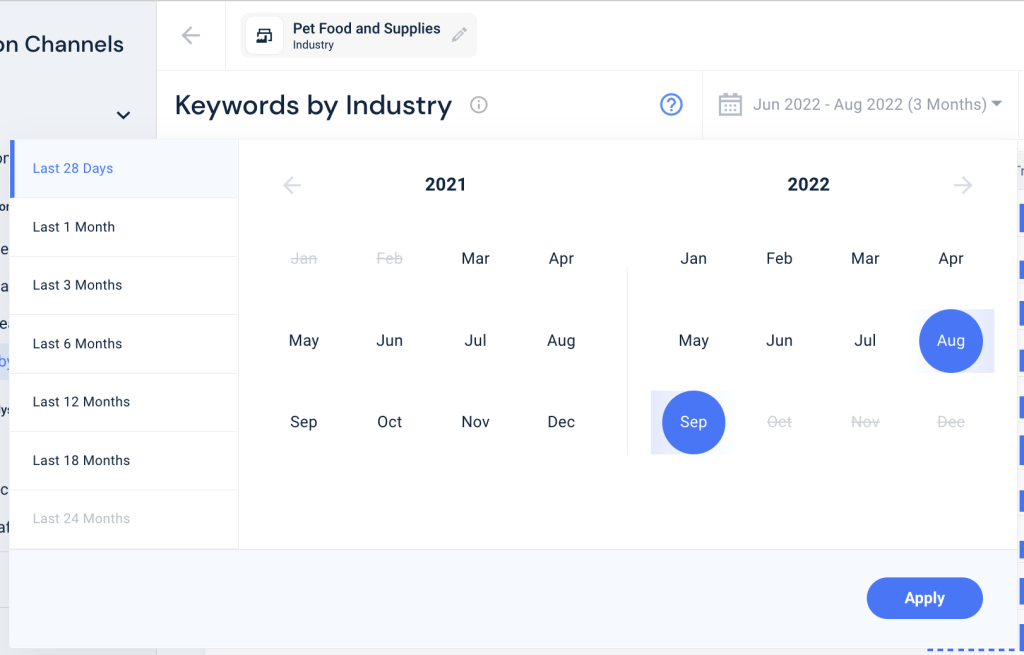 Screenshot dello strumento per le parole chiave di Similarweb, selezione del periodo