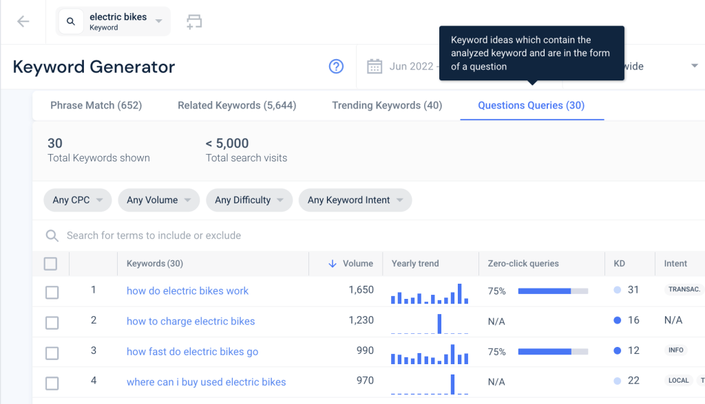 带有问题查询过滤器的 Similarweb 关键字生成器的屏幕截图